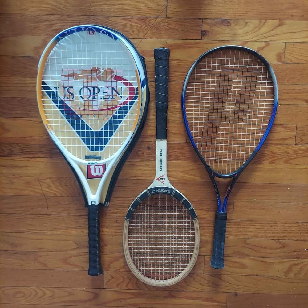 LOT of 3 Junior / Adult / Vintage Tennis Rackets / Racquets - Wood, White, Blue